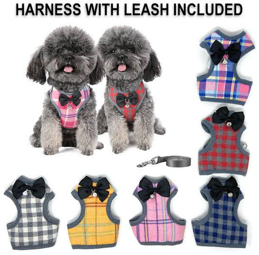 Plaid Vest Harness & Lead with Bow Tie