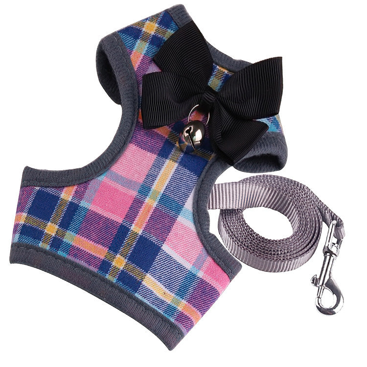 Plaid Vest Harness & Lead with Bow Tie