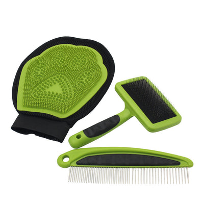 3 PIECE GROOMING KIT - Pet Bath Glove, Slicker Brush and Comb